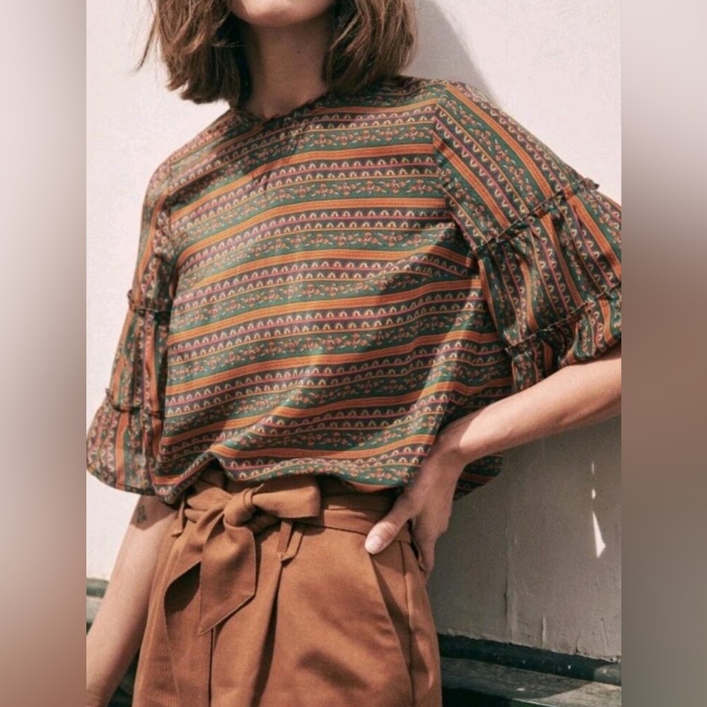 Sezane Ethel Blouse - Havana Green Orange Stripes - Picture 2 of 8